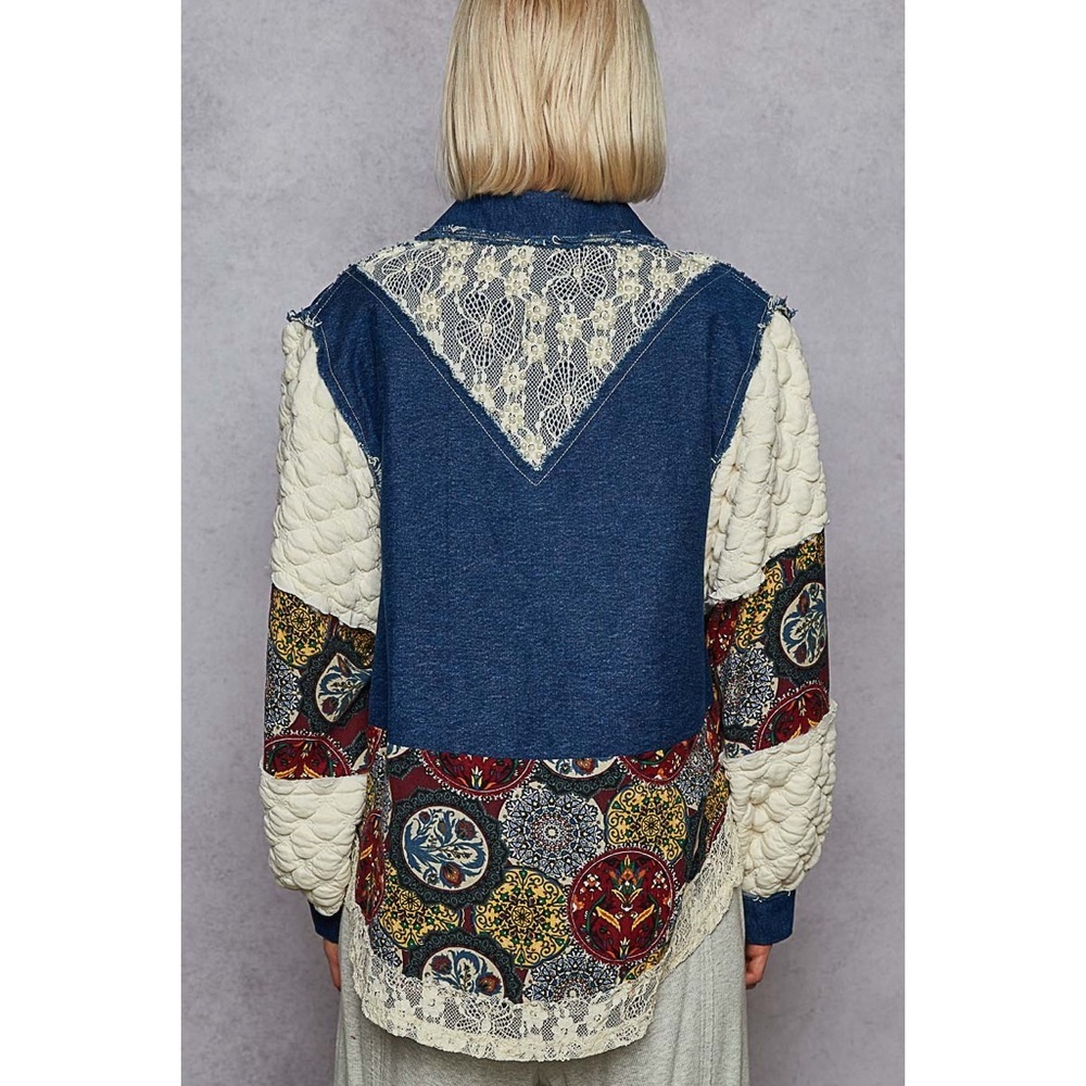 NEW POL Denim Blue Balloon Sleeve Patchwork Jacket Boho Lace Back Size Large - Picture 4 of 7